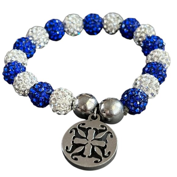 Rustic Cuff Emerson Blue and Silver Pave Rhinestone Shambala and Stainless Beads - Picture 1 of 3